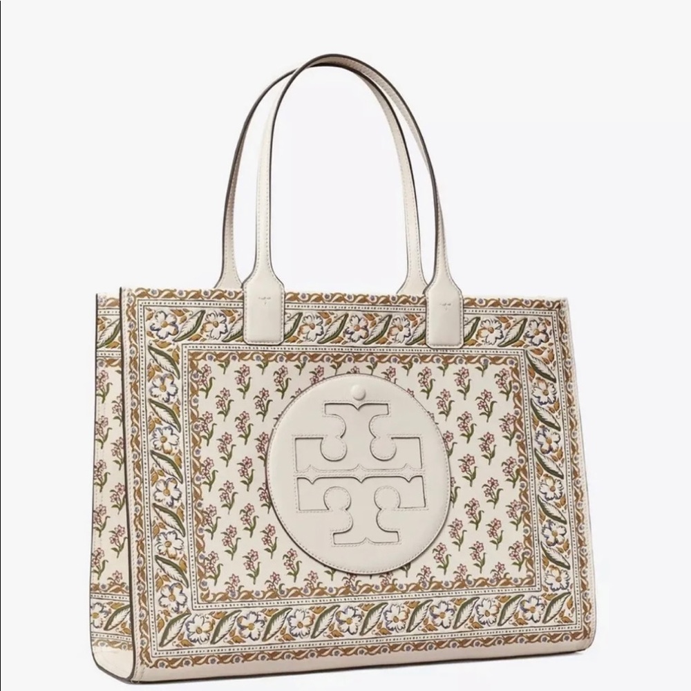 NWT Tory Burch Ella Printed Leather Tote Bag In Ditsy Borders. Retails $698